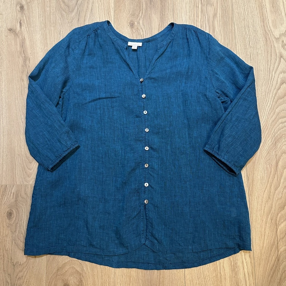Pure Jill 100% Linen Oversized Tunic Top Blouse Blue Size M Coastal Beach - Picture 1 of 7